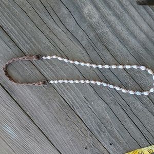 Pink freshwater pearls and leather, copper ring handmade necklace